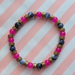 Elegant Blue Sodalite Natural Stone Beaded Stretch Bracelet With Pink Accents